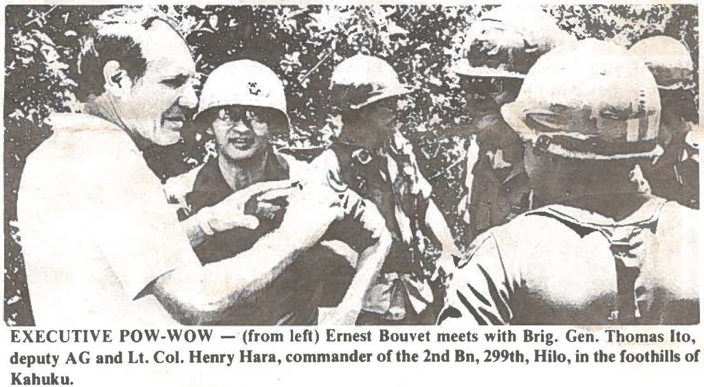 EXECUTIVE POW-WOW - (from left) Ernest Bouvet meets with Brig. Gen. Thomas Ito, deputy AG and Lt. Col. Henry Hara, commander of the 2nd Bn, 299th, Hilo, in the foothills of Kahuku.