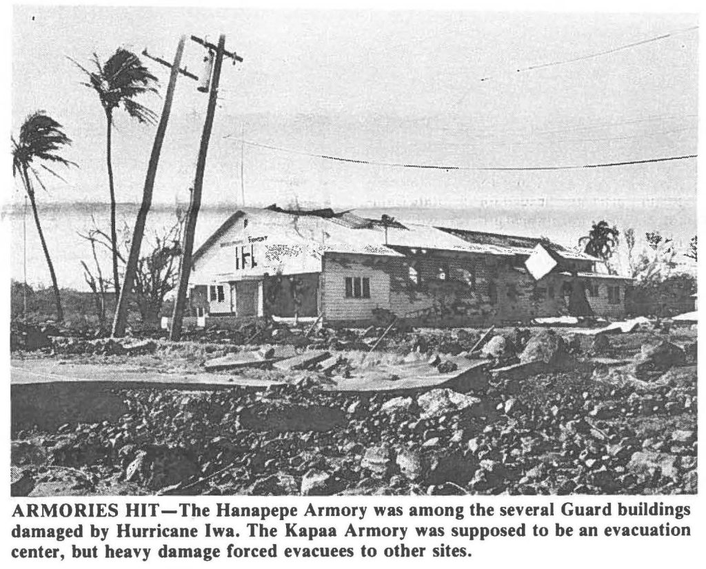 ARMORIES HIT-The Hanapepe Armory was among the several Guard buildings damaged by Hurricane lwa. The Kapaa Armory was supposed to be an evacuation center, but heavy damage forced evacuees to other sites.