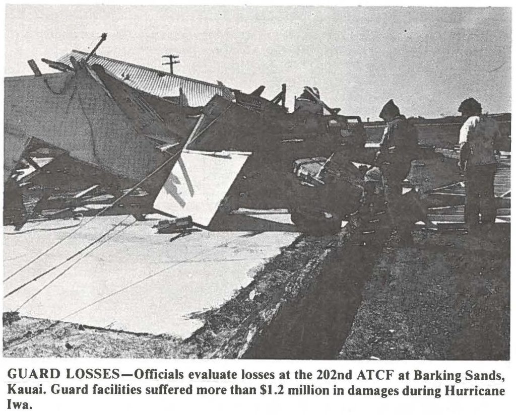 GUARD LOSSES-Officials evaluate losses at the 202nd ATCF at Barking Sands, Kauai. Guard facilities suffered more than $1.2 million in damages during Hurricane lwa.