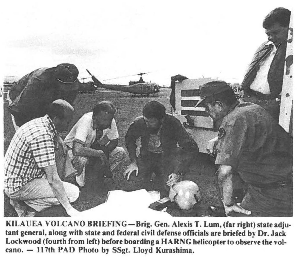 KILAUEA VOLCANO BRIEFING-Brig. Gen. Alexis T. Lum, (far right) state adjutant general, along with state and federal civil defense officials are briefed by Dr. Jack Lockwood (fourth from left) before boarding a HARNG helicopter to observe the volcano. - 117th PAD Photo by SSgt. Lloyd Kurashima.