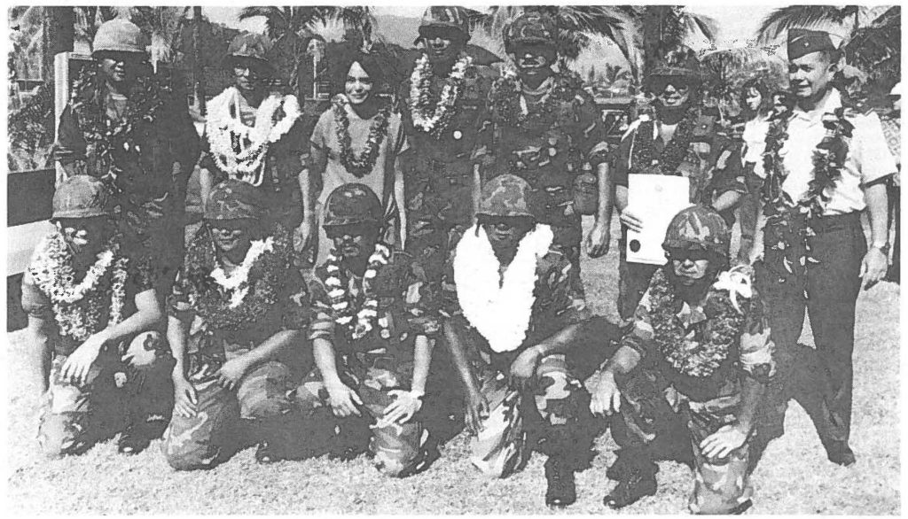 KAUAI SOLDIERS-(1st row from left) Pvt. L.M. Hammond, Sp4 Phillip P. Papagayo, Sgt. Gordon K. Doo, Pit. Sgt. Alberto Hoopii, Sgt. 1st. Class Shigeto Takayama, (second row from left) Sgt. Lennox Camat, 1st Sgt. Melvin Robley, State Sen. Lehua Fernandex Salling, Pvt. Steven Mardonado, Pit. Sgt. Daniel Peters, Capt. Alvin Uchida and Brig. Gen. Alexis Lum pose for a group picture after a recent awards ceremony on Kauai to honor 10 Guard members and one civilian Department of Defense employee for their heroism and outstanding efforts during Hurricane Iwa. Three of the Guard members - Uchida, Peters and Mardonado - were presented with the state's highest medal, the Hawaii National Guard Medal for Merit. The other soldiers were presented with the Hawaii National Guard Commendation Medal.