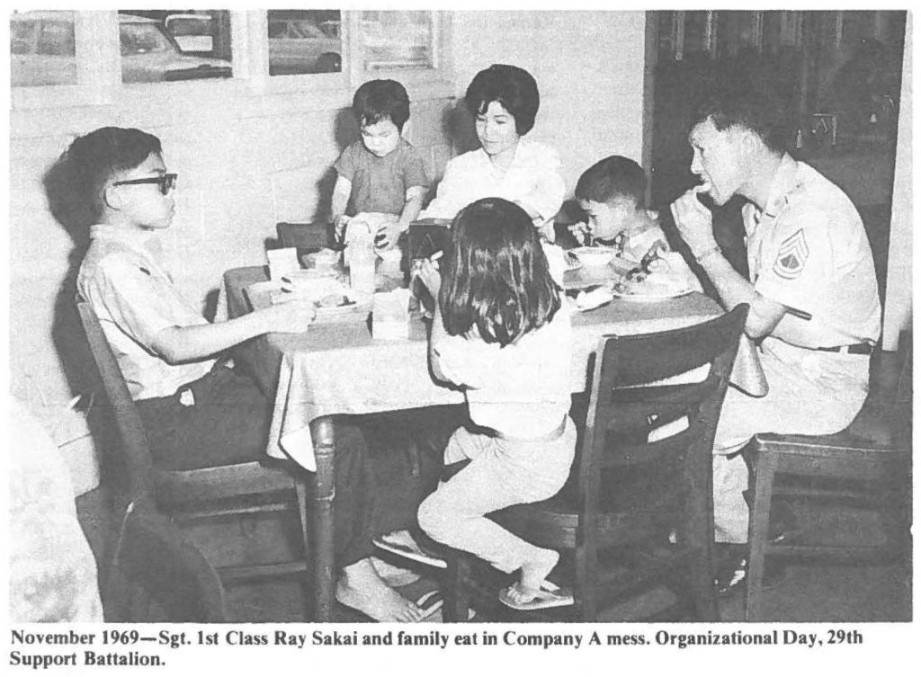 November 1969-Sgt. 1st Class Ray Sakai and family eat in Company A mess. Organizational Day, 29th Support Battalion.