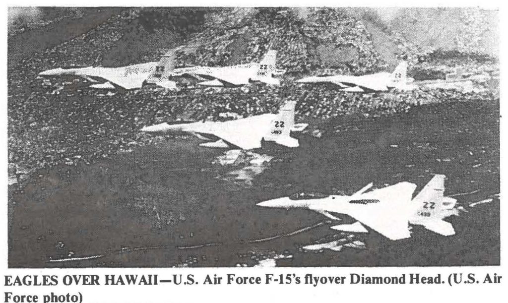 EAGLES OVER HAWAII-U.S. Air Force F-15's flyover Diamond Head. (U.S. Air Force photo)