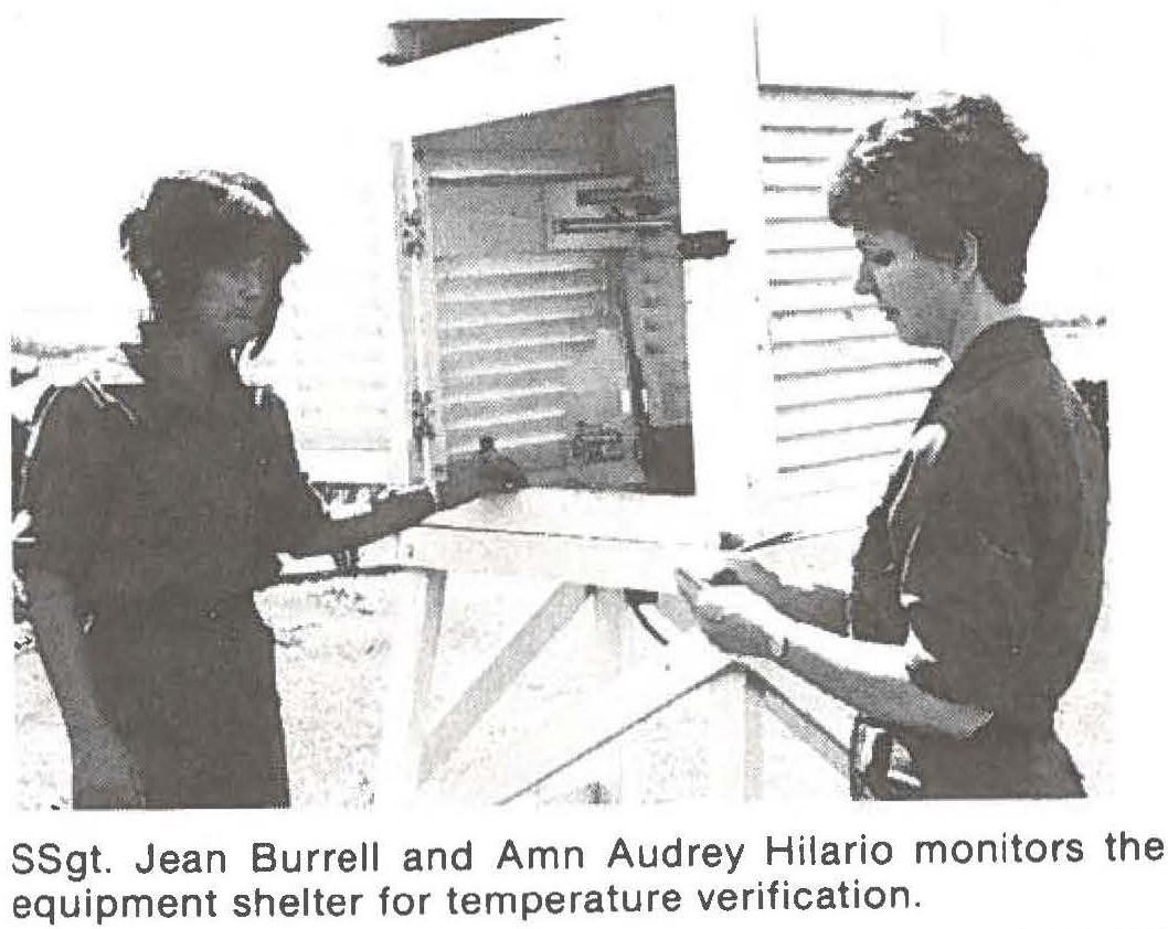 SSgt. Jean Burrell and Arnn Audrey Hilario monitors the equipment shelter for temperature verification.