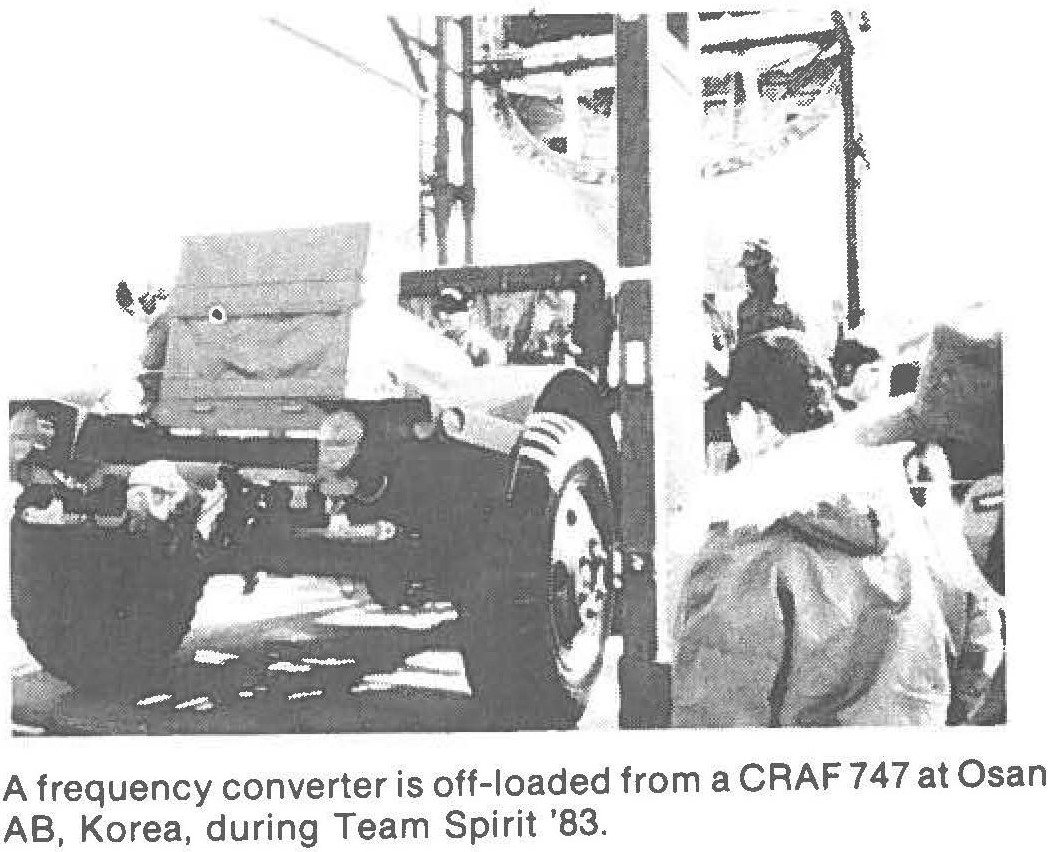 A frequency converter is off-loaded from a CRAF 747 at Osan AB, Korea, during Team Spirit '83.