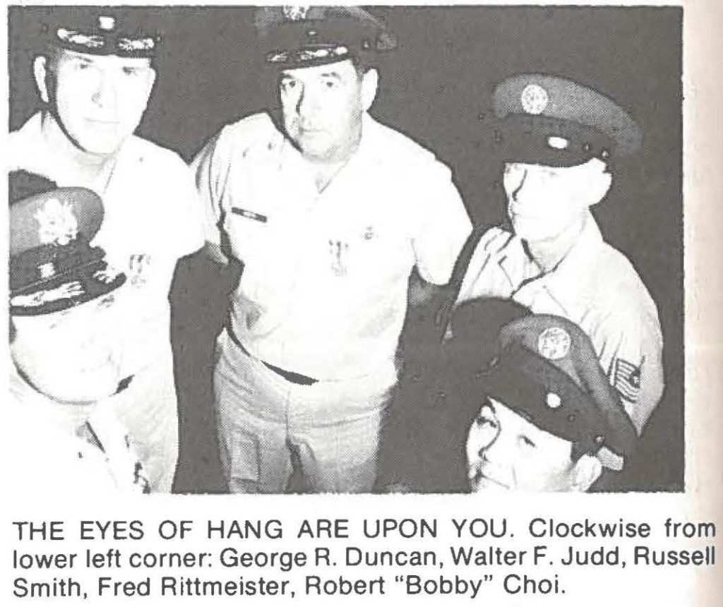 THE EYES OF HANG ARE UPON YOU. Clockwise from lower left corner: George R. Duncan, Walter F. Judd, Russell Smith, Fred Rittmeister, Robert "Bobby" Choi.