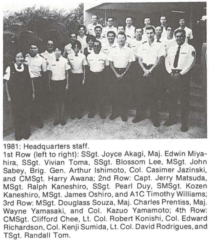 1981: Headquarters staff. 1st Row (left to right): SSgt. Joyce Akagi, Maj. Edwin Miyahira, SSgt. Vivian Toma, SSgt. Blossom Lee, MSgt. John Sabey, Brig. Gen. Arthur lshimoto, Col. Casimer Jazinski, and CMSgt. Harry Awana; 2nd Row: Capt. Jerry Matsuda, MSgt. Ralph Kaneshiro, SSgt. Pearl Duy, SMSgt. Kozen Kaneshiro, MSgt. James Oshiro, and A 1 C Timothy Williams; 3rd Row: MSgt. Douglass Souza, Maj. Charles Prentiss, Maj. Wayne Yamasaki, and Col. Kazuo Yamamoto; 4th Row: CMSgt. Clifford Chee, Lt. Col. Robert Konishi, Col. Edward Richardson, Col. Kenji Sumida, Lt. Col. David Rodrigues, and TSgt. Randall Tom.