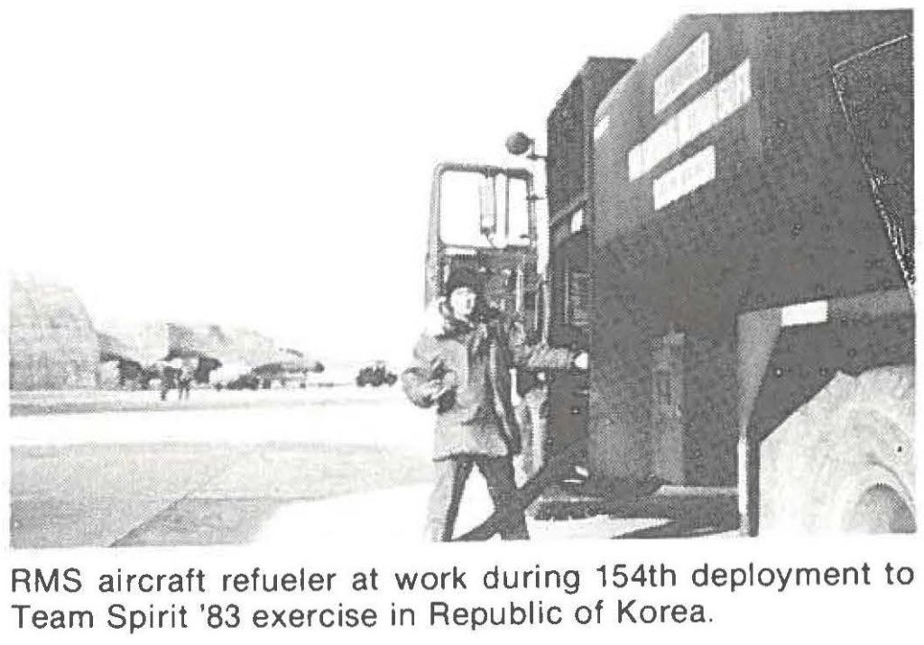 RMS aircraft refueler at work during 154th deployment to Team Spirit '83 exercise in Republic of Korea.