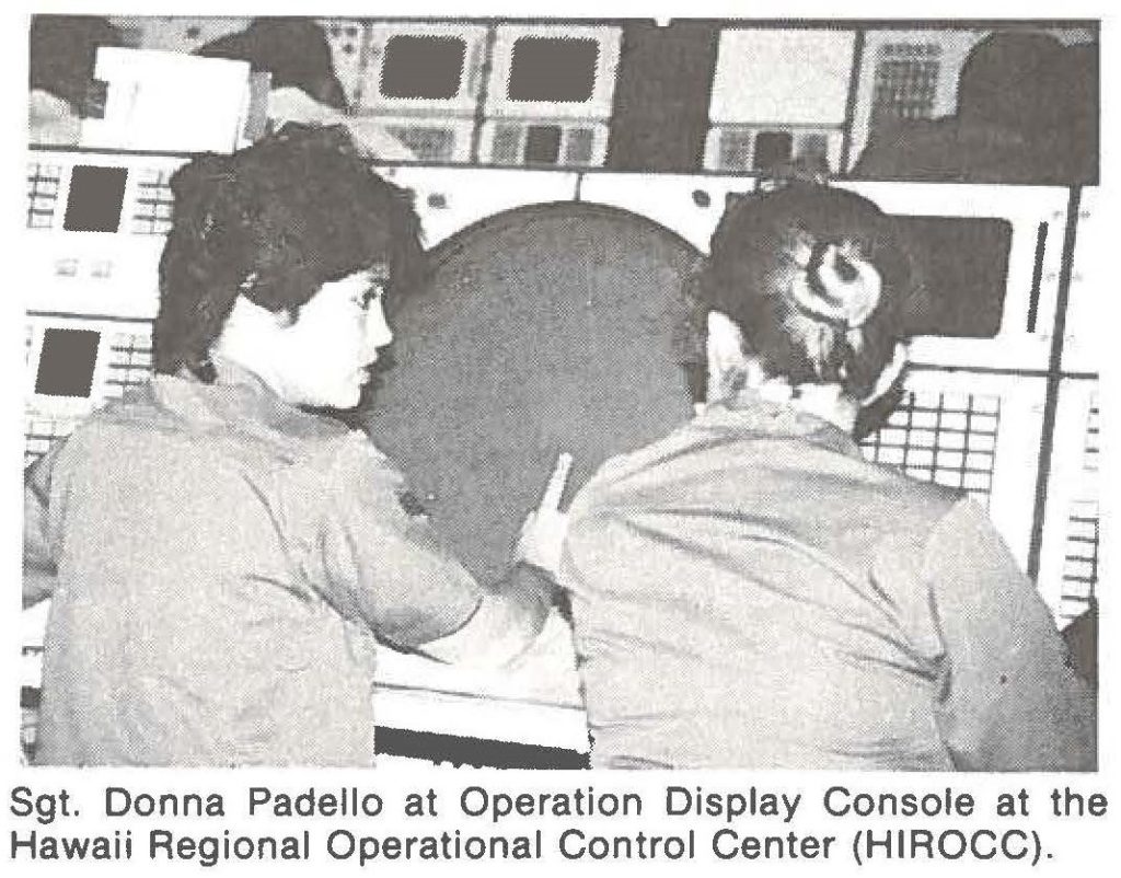 Sgt. Donna Padello at Operation Display Console at the Hawaii Regional Operational Control Center (HIROCC).