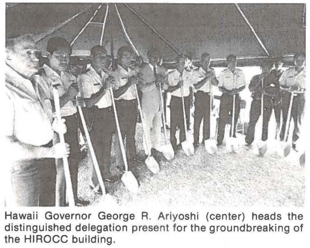 Hawaii Governor George R. Ariyoshi (center) heads the distinguished delegation present for the groundbreaking of the HIROCC building.