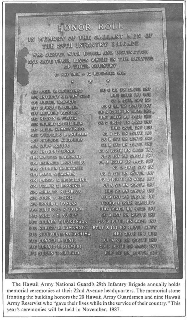 The Hawaii Army National Guard's 29th Infantry Brigade annually holds memorial ceremonies at their 22nd Avenue headquarters. The memorial stone fronting the building honors the 20 Hawaii Army Guardsmen and nine Hawaii Army Reservist who "gave their lives while in the service of their country. "This year's ceremonies will be held in November, 1987.