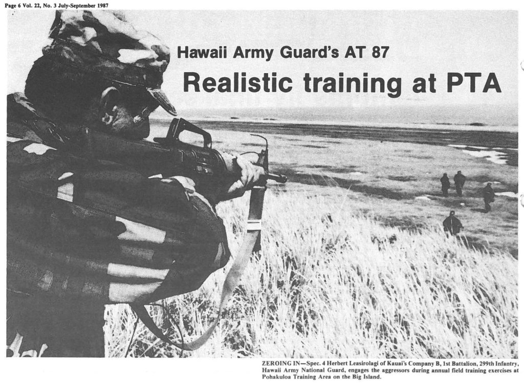 ZEROING IN - Spec. 4 Herbert Leasirolagi of Kaui's Company B, 1st Battalion, 299th Infantry Hawaii Army National Guard, engages the aggressors during field training exercises at Pohakuloa Training Area on the Big Island.