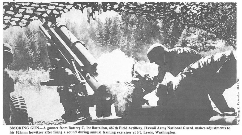 SMOKING GUN-A gunner from Battery C, 1st Battalion, 487th Field Artillery, Hawaii Army National Guard, makes adjustments to his 105mm howitzer after firing a round during annual training exercises at Ft. Lewis, Washington.