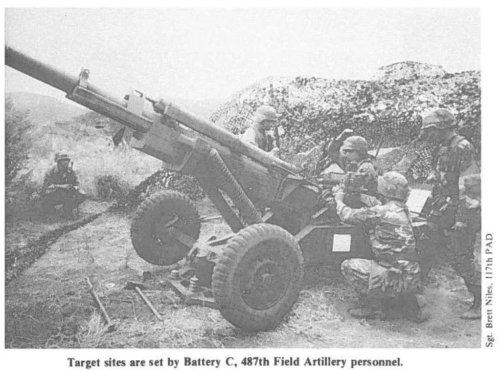 Target sites are set by Battery C, 487th Field Artillery personnel.