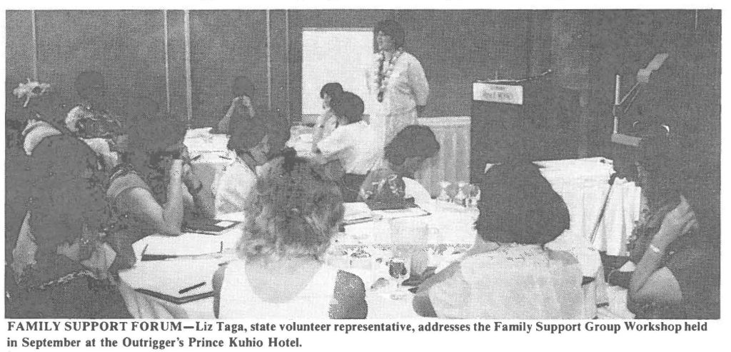 FAMILY SUPPORT FORUM-Liz Taga, state volunteer representative, addresses the Family Support Group Workshop held in September at the Outrigger's Prince Kuhio Hotel.