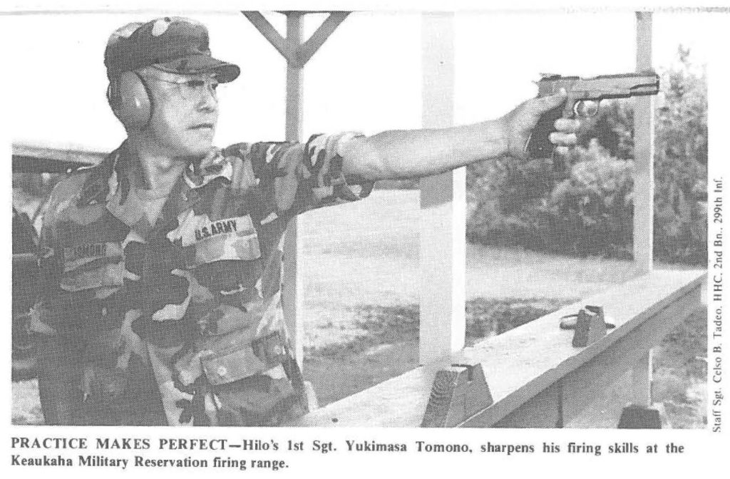PRACTICE MAKES PERFECT-Hilo's 1st Sgt. Yukimasa Tomono. sharpens his firing skills at the Keaukaha Military Reservation firing range.