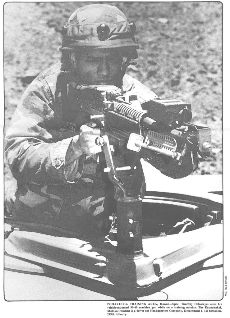 POHAKULOA TRAINING AREA, Hawaii-Spec. Timothy Delosreyes aims his vehicle-mounted M-60 machine gun while on a training mission. The Kaunakakai, Molokai resident is a driver for Headquarters Company, Detachment 1, 1st Battalion, 299th Infantry.