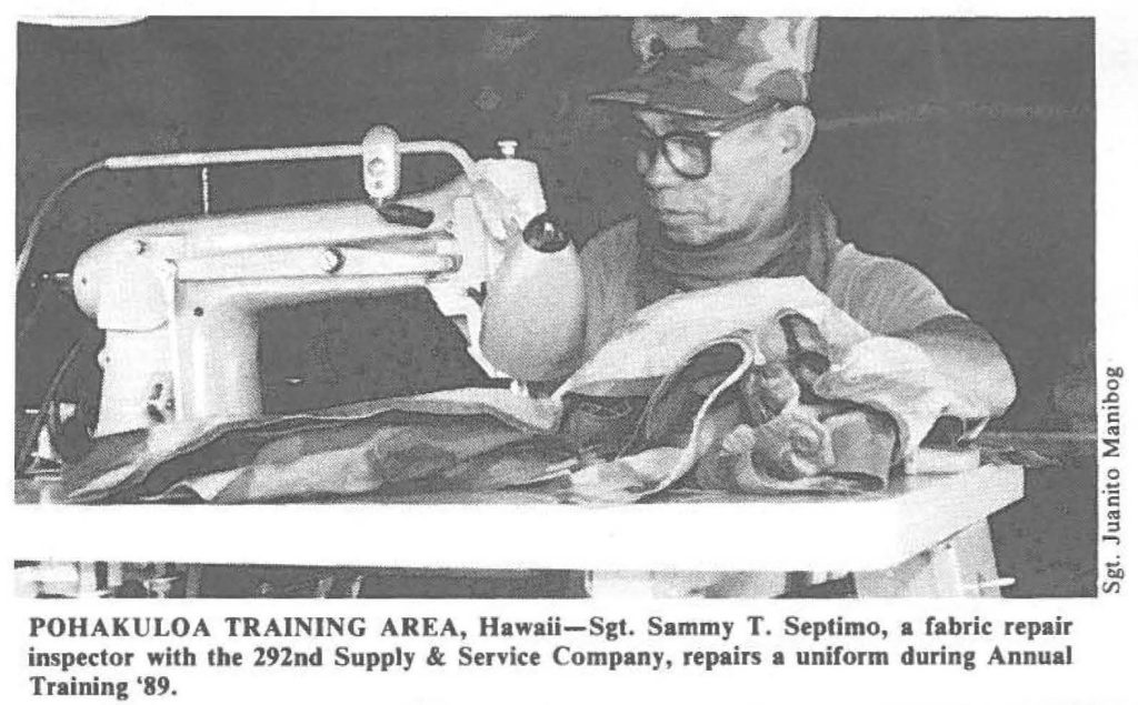 POHAKULOA TRAINING AREA, Hawaii-Sgt. Sammy T. Septimo, a fabric repair inspector with the 292nd Supply & Service Company, repairs a uniform during Annual Training '89.