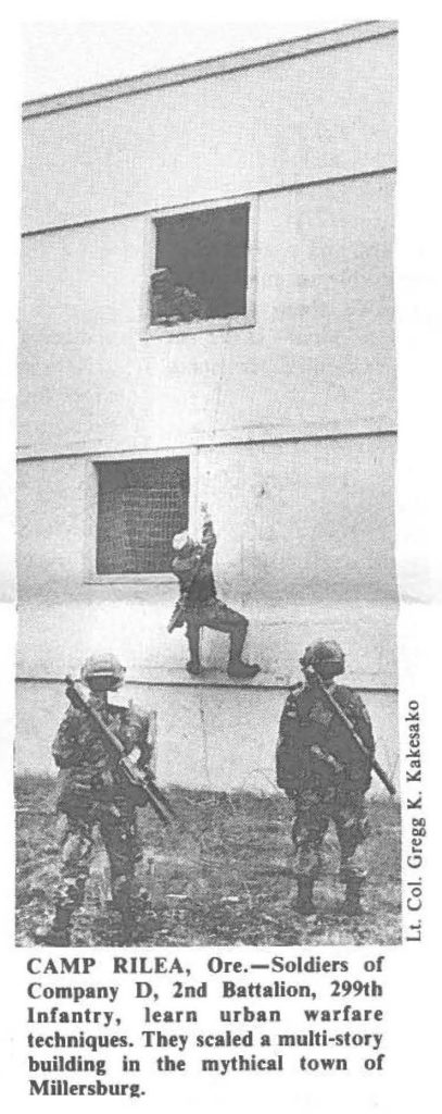 CAMP RILEA, Ore.-Soldiers of Company D, lnf Battalion, 299th Infantry, learn urban warfare techniques. They scaled a multi-story building in the mythical town of Millersburg.