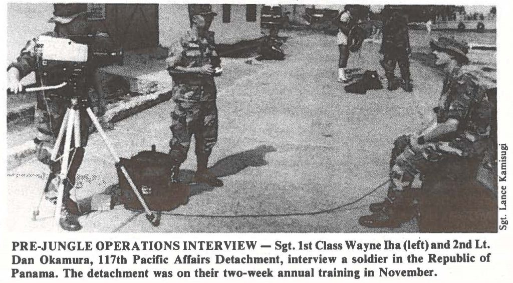 PRE-JUNGLE OPERATIONS INTERVIEW - Sgt. 1st Class Wayne lha (left) and 2nd Lt. Dan Okamura, 117th Pacific Affairs Detachment, interview a soldier in the Republic of Panama. The detachment was on their two-week annual training in November.