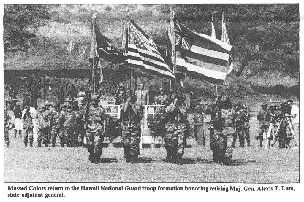 Massed Colors return to the Hawaii National Guard troop formation honoring retiring Maj. Gen. Alexis T. Lum, state adjutant general.