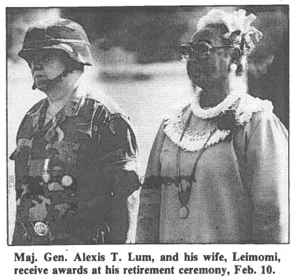 Maj. Gen. Alexis T. Lum, and his wife, Leimomi, receive awards at his retirement ceremony, Feb. 10.