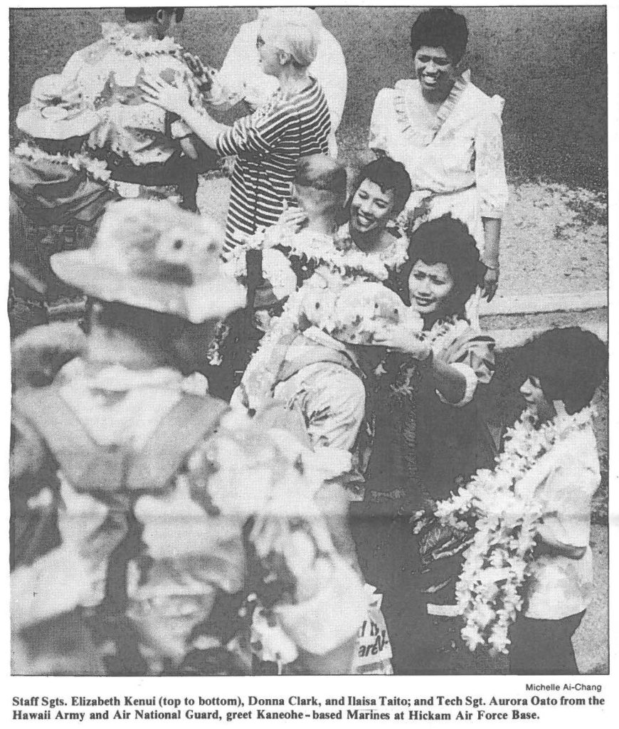 Staff Sgts. Elizabeth Kenui (top to bottom), Donna Clark, and Ilaisa Taito; and Tech Sgt. Aurora Oato from the Hawaii Army and Air National Guard, greet Kaneohe- based Marines at Hickam Air Force Base.