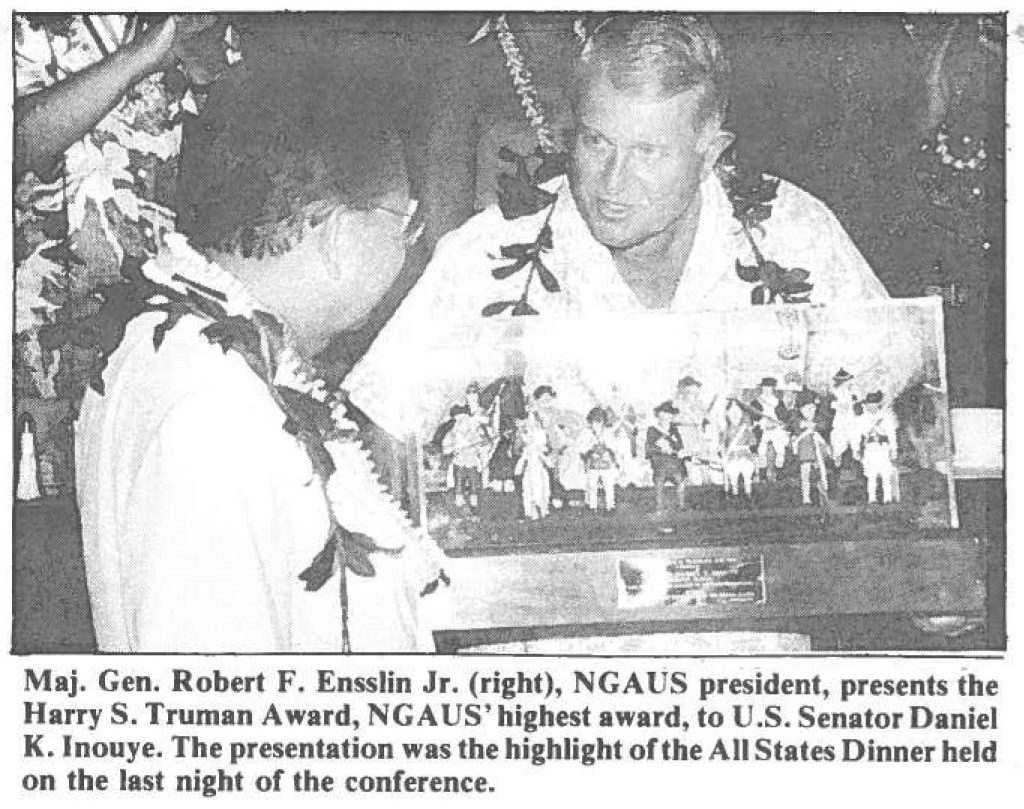 Maj. Gen. Robert F. Ensslin Jr. (right), NGAUS president, presents the Harry S. Truman Award, NGA US' highest award, to U.S. Senator Daniel K. Inouye. The presentation was the highlight of the All States Dinner held on the last night of the conference.