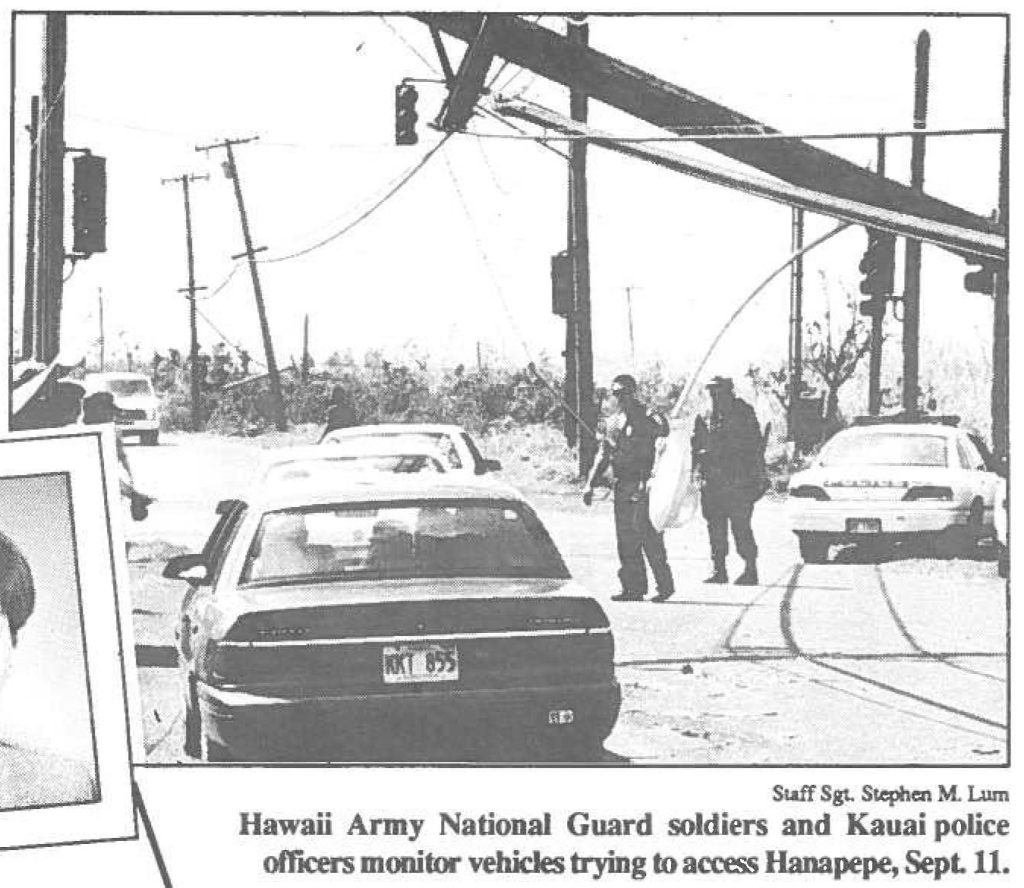 Hawaii Army National Guard soldiers and Kauai police officers monitor vehicles trying to access Hanapepe, Sept. 11.