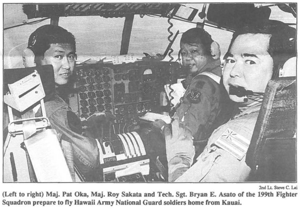 (Left to right) Maj. Pat Oka, Maj. Roy Sakata and Tech. Sgt. Bryan E. Asato or the 199th Fighter Squadron prepare to fly Hawaii Army National Guard soldiers home from Kauai.