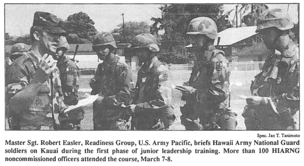 Master Sgt. Robert Easler, Readiness Group, U.S. Army Pacific, briefs Hawaii Army National Guard soldiers on Kauai during the first phase of junior leadership training. More than 100 HIARNG noncommissioned officers attended the course, March 7-8.