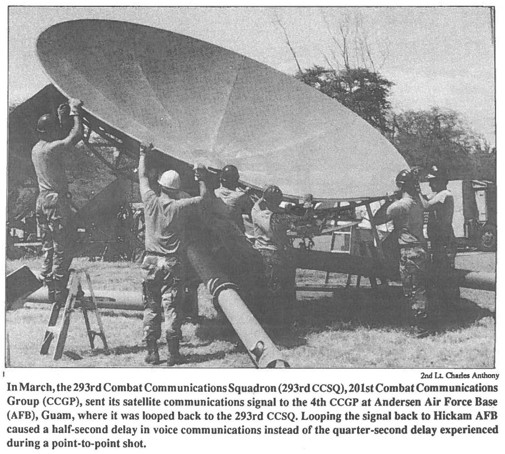 In March the 293rd Combat Communications Squadron (293rd CCSQ), 201st Combat Communications Group (CCGP), sent its satellite communications signal to the 4th CCGP at Andersen Air Force Base (AFB), Guam, where it was looped back to the 293rd CCSQ. Looping the signal back to Hickam AFB caused a half-second delay in voice communications instead of the quarter-second delay experienced during a point-to-point shot.