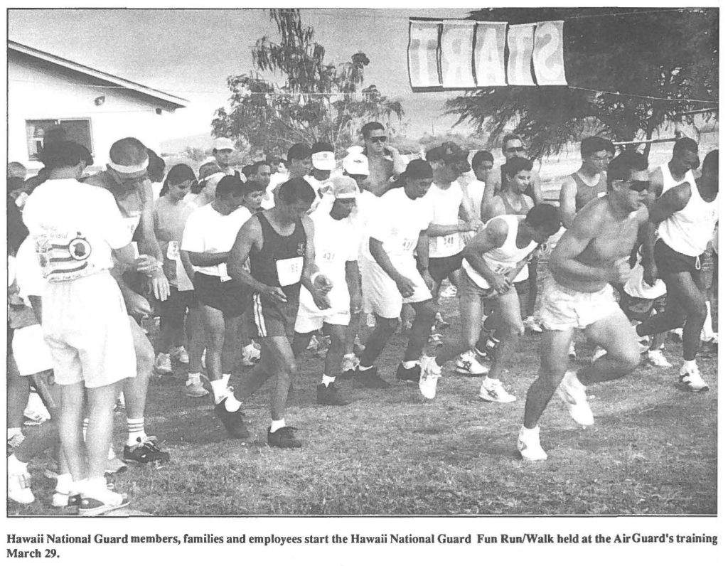 Hawaii National Guard members, families and employees start the Hawaii National Guard Fun Run/Walk held at the Air Guard's training March 29.