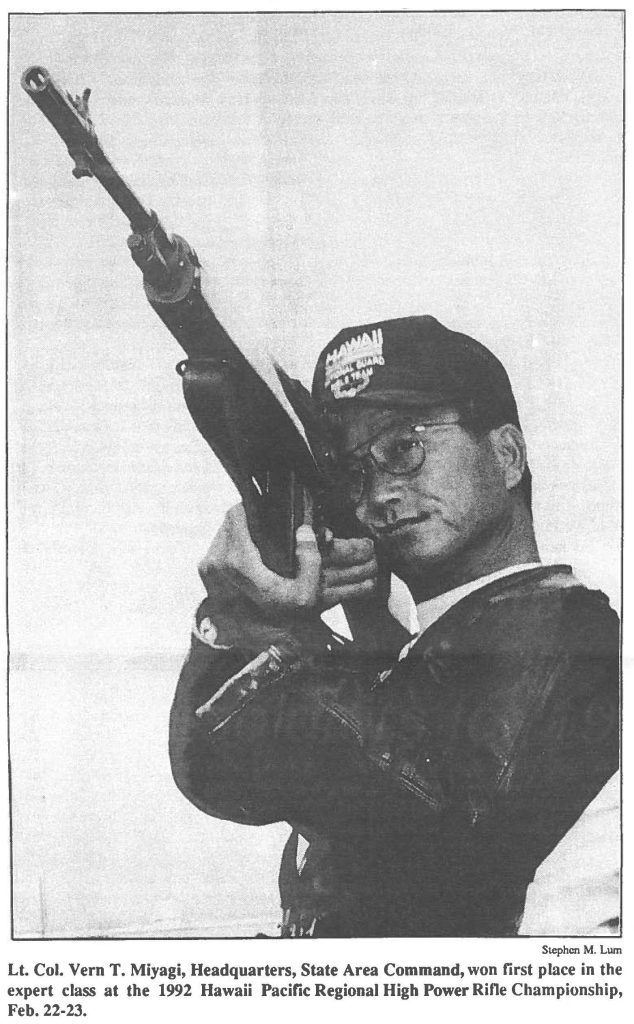 Lt. Col. Vern T. Miyagi, Headquarters, State Area Command, won first place in the expert class at the 1992 Hawaii Pacific Regional High Power Rifle Championship, Feb. 22-23.