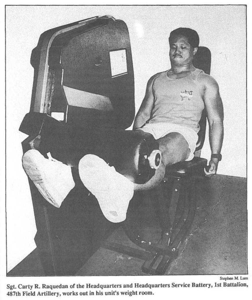 Sgt. Carty R. Raquedan of the Headquarters and Headquarters Service Battery, 1st Battalion, 487th Field Artillery, works out in his unit's weight room.