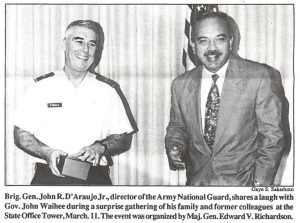 Brig. Gen. John R. D'Araujo Jr., director of the Army National Guard, shares a laugh with Gov. John Waihee during a surprise gathering of his family and former colleagues at the State Office Tower, March.11. The event was organized by Maj. Gen. Edward V. Richardson.