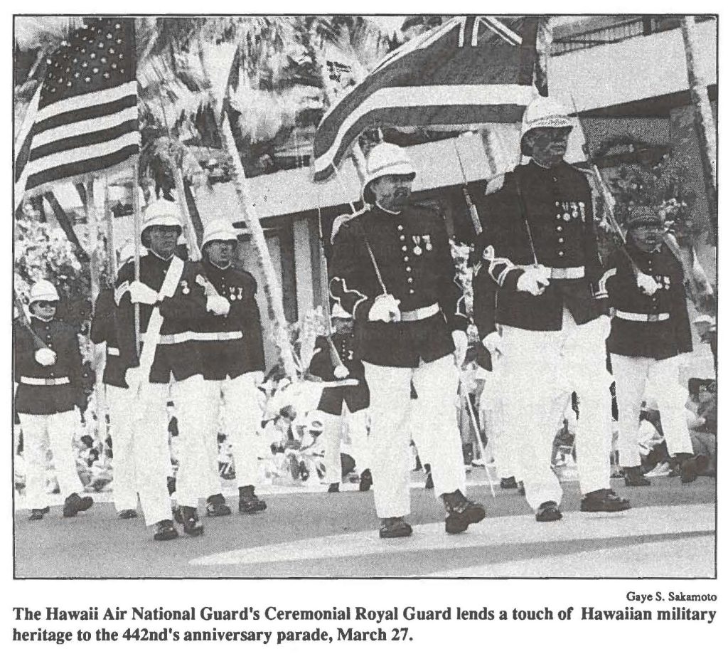 The Hawaii Air National Guard's Ceremonial Royal Guard lends a touch or Hawaiian military heritage to the 442nd's anniversary parade, March 27.