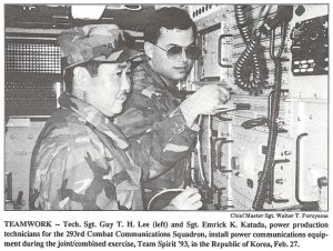 TEAMWORK -- Tech. Sgt. Guy T. H. Lee (left) and Sgt. Emrick K. Katada, power production technicians for the 293rd Combat Communications Squadron, install power communications equipment during the joint/combined exercise, Team Spirit '93, in the Republic of Korea, Feb. 27.