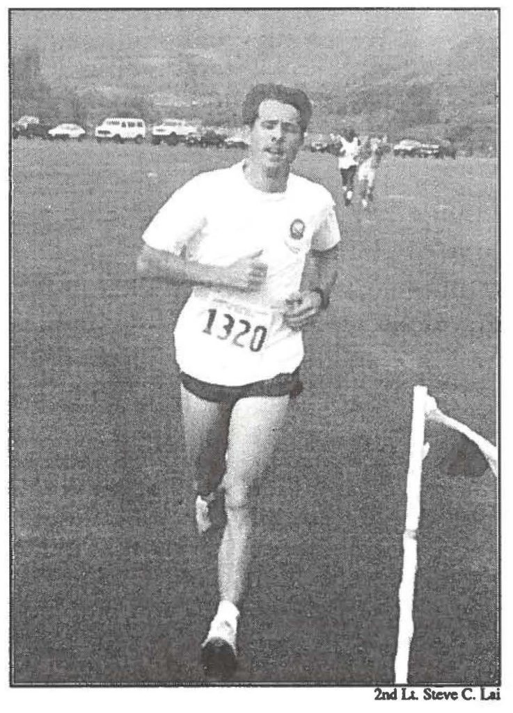 Capt. Mike Compton, or the 154th Civil Engineering Squadron is the first Guard member to cross the finish line in this year's HING fun run.