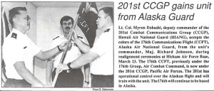 Lt. Col. Myron Dobashi, deputy commander of the 201st Combat Communications Group (CCGP), Hawaii Air National Guard (HIANG), accepts the colors of the 176th Communications Flight (CCFT), Alaska Air National Guard, from the unit's commander, Maj. Richard Johnson, during realignment ceremonies at Hickam Air Force Base, March 23. The 176th CCFf, previously under the 176th Group, Air Combat Command, is now under the 201st CCGP, Pacific Air Forces. The 201st has operational control over the Alaskan flight and will train with the unit. The 17 6th will continue to be based in Alaska.