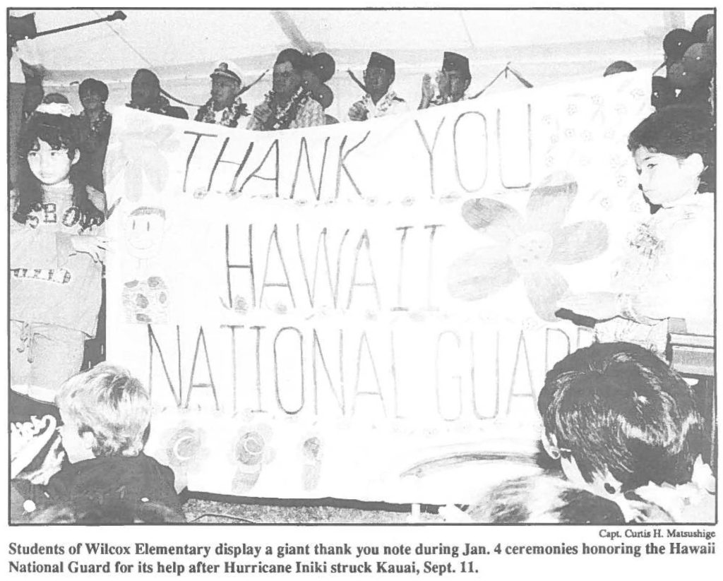 Students of Wilcox Elementary display a giant thank you note during Jan. 4 ceremonies honoring the Hawaii National Guard for its help after Hurricane lniki struck Kauai, Sept. 11.