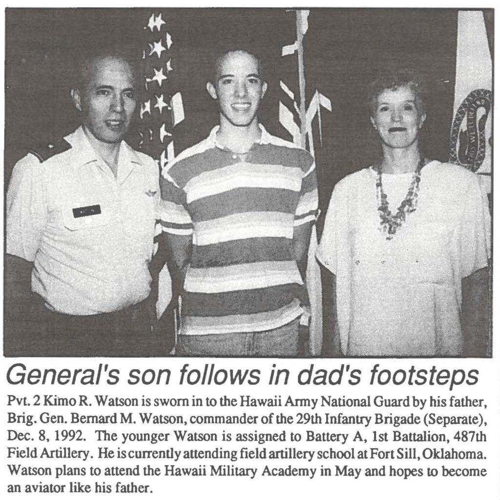 Pvt. 2 Kimo R. Watson is sworn in to the Hawaii Army National Guard by his father, Brig. Gen. Bernard M. Watson, commander of the 29th Infantry Brigade (Separate), Dec. 8, 1992. The younger Watson is assigned to Battery A, 1st Battalion, 487th Field Artillery. He is currently attending field artillery school at Fort Sill, Oklahoma. Watson plans to attend the Hawaii Military Academy in May and hopes to become an aviator like his father.