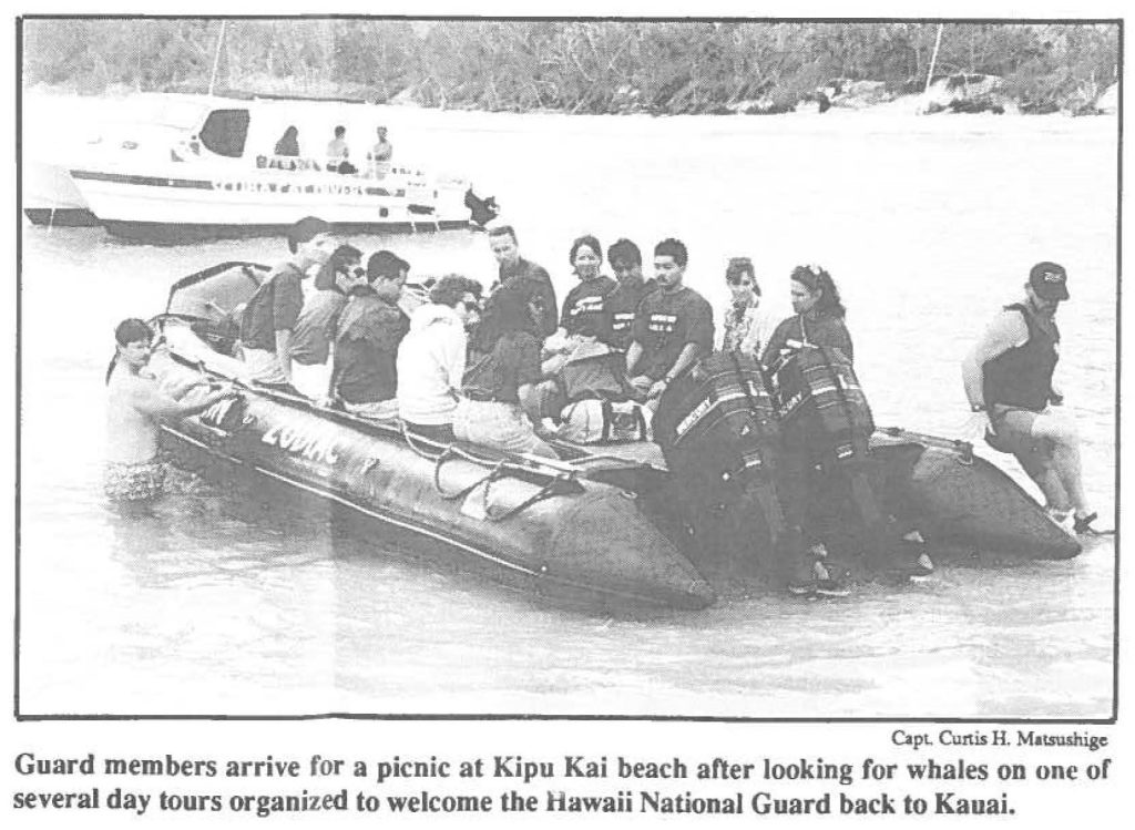 Guard members arrive for a picnic at Kipu Kai beach after looking for whales on one of several day tours organized to welcome the Hawaii National Guard back to Kauai.