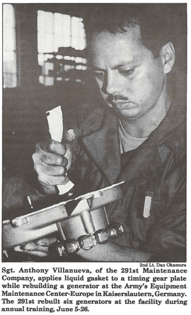 Sgt. Anthony Villanueva, of the 291st Maintenance Company, applies liquid gasket to a timing gear plate while rebuilding a generator at the Army's Equipment Maintenance Center-Europe inKaiserslautern, Germany. The 291st rebuilt six generators at the facility during annual training, June 5-26.