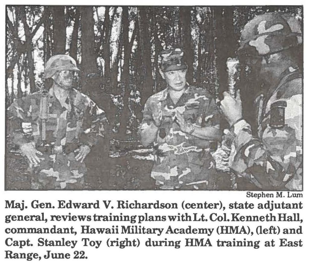 Maj. Gen. Edward V. Richardson (center), state adjutant general, reviews training plans with Lt. Col. Kenneth Hall, commandant, Hawaii Military Academy (HMA), (left) and Capt. Stanley Toy (right) during HMA training at East Range, June 22.
