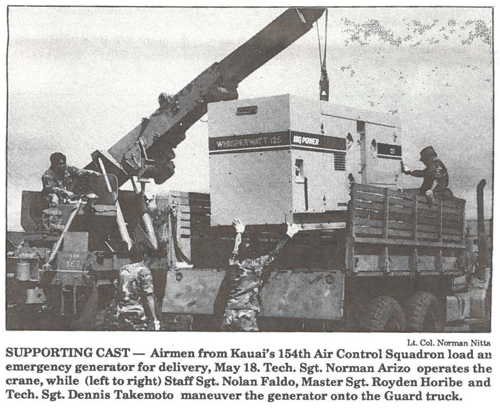 SUPPORTING CAST - Airmen from Kauai's 154th Air Control Squadron load an emergency generator for delivery, May 18. Tech. Sgt. Norman Arizo operates the crane, while (left to right) Staff Sgt. Nolan Faldo, Master Sgt. Royden Horibe and Tech. Sgt. Dennis Takemoto maneuver the generator onto the Guard truck.