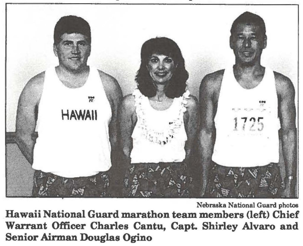 Hawaii National Guard marathon team members (left) Chief Warrant Officer Charles Cantu, Capt. Shirley Alvaro and Senior Airman Douglas Ogino