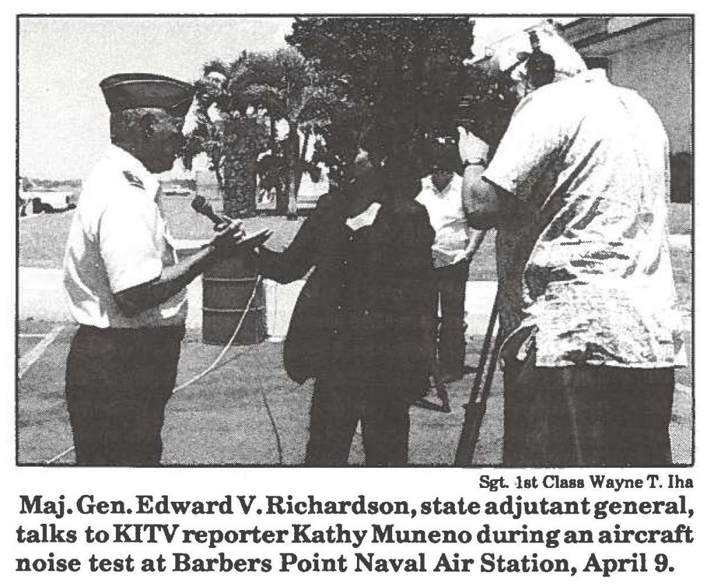 Maj. Gen. Edward V. Richardson, state adjutant general, talks to KITV reporter Kathy Muneno during an aircraft noise test at Barbers Point Naval Air Station, April 9.
