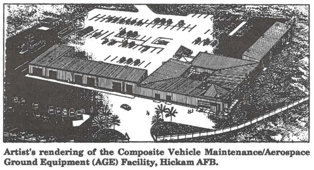 Artist's rendering of the Composite Vehicle Maintenance / Aerospace Ground Equipment (AGE) Facility, Hickam AFB.