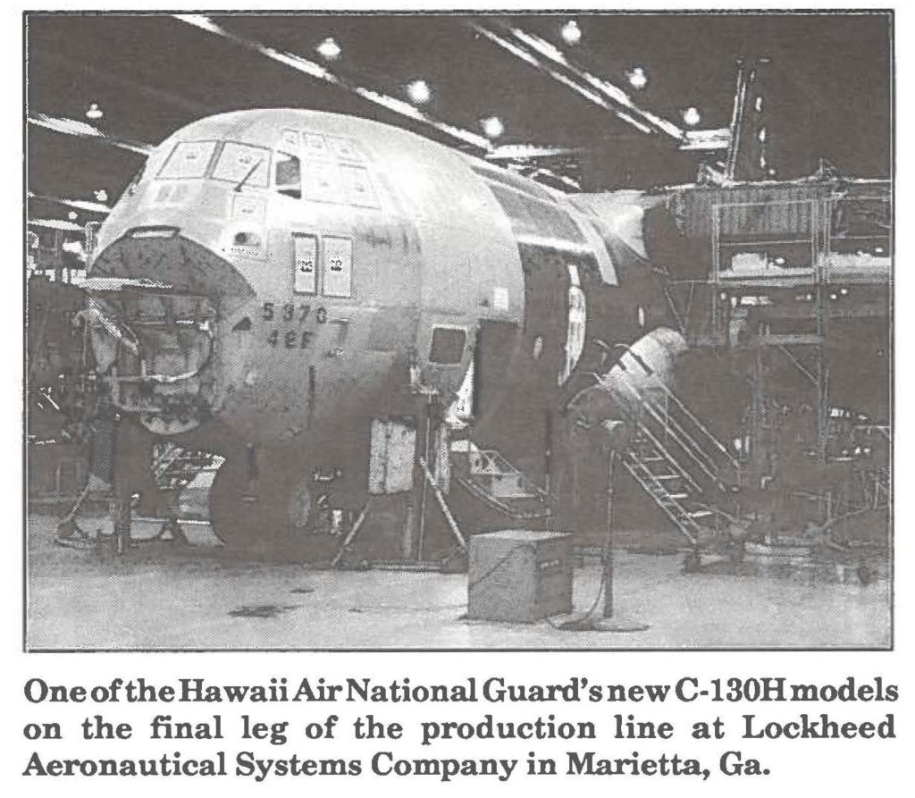 One of the HawaiiAir National Guard's new C-130H models on the final leg of the production line at Lockheed Aeronautical Systems Company in Marietta, Ga.